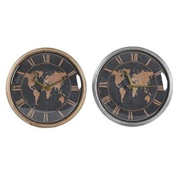 Reloj de Pared DKD Home Decor 46 x 6,5 x 46 cm Cristal Plateado Negro Dorado Marrón Hierro Mapamundi (2 Unidades)