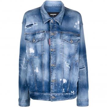 Dsquared2 Women's Oversized Denim Jacket, Size 40, Sky Blue Distressed