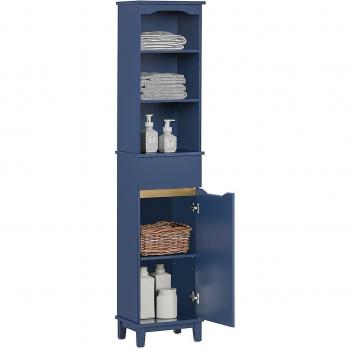 Armario Alto para Baño SoBuy BZR112-B Azul Marino con 3 Estantes, 1 Puerta y 1 Cajón, dimensiones 35 x 30 x 170 cm