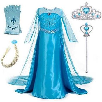 New front Niñas Vestido de Princesa Elsa Elegante Disfraz de Reina Frozen Festivo y Accesorios Corona,Vara,Trenza,Guantes Chica Cosplay Traje de Fiesta Carnaval Navidad Boda