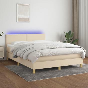 Cama box spring con colchón y luces LED en tela crema 140x190 cm