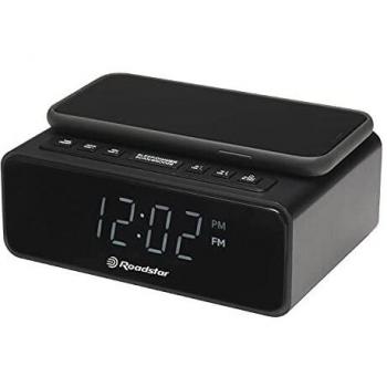 Roadstar CLR-700QI - Radio Despertador con Pantalla LCD, QI para Cargar Tus Dispositivos de Forma inalámbrica con Dos alarmas y Temporizador de sueño, 10 emisoras, sintonizador de Radio, Color Negro