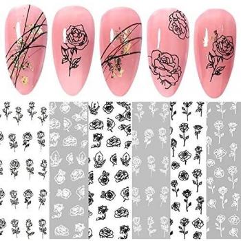 Yeahbo Pegatinas para Uñas Semipermanentes Francesa, Decoracion Uñas Semipermanentes 6 Hojas Pegatinas Uñas Adhesivas Nail Art Plantillas Uñas Decoracion Niñas Autoadhesiva Rose Negro Blanco