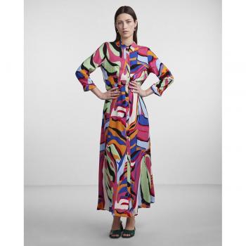 Yas - Vestido largo de mujer camisero, diseño camisero, corte largo, tejido ligero y cómodo, botones frontales, manga larga con puños ajustables, cinturón a juego para resaltar la figura