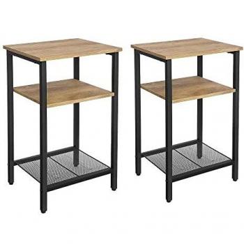 Vasagle Juego de 2, Mesa Auxiliar de 3 Niveles, Mesita de Noche de Estilo Industrial, Estructura de Acero Resistente, para Dormitorio, Sala de Estar, Montaje Sencillo, Marrón Miel y Negro