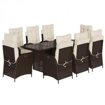 9-Piece Brown Poly Rattan Garden Dining Set with Cushions