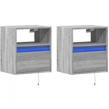 Mesitas de noche de pared con luces LED 2 unidades gris Sonoma