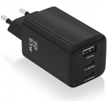Cargador GAN de Pared AISENS ASCH-65W3P042-BK, 2xUSB Tipo-C, 1xUSB, 65W, alta eficiencia energética, tecnología AI para carga rápida, múltiples protecciones de