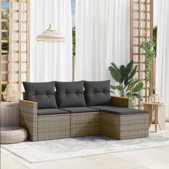4-Piece Grey Poly Rattan Garden Sofa Set with Cushions