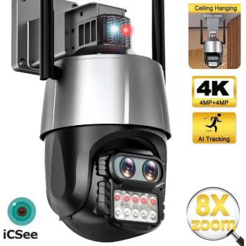 Cámara IP WiFi 8MP 4K de Doble Lente para Exteriores con Seguimiento Automático, Sirena y Alarma - Vigilancia P2P ICsee CCTV PTZ Alexa