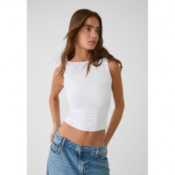 Stradivarius White Polyamide Boatneck T-shirt Size L