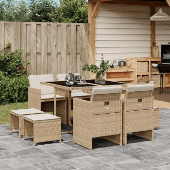 9-Piece Beige Poly Rattan Garden Dining Set with Cushions