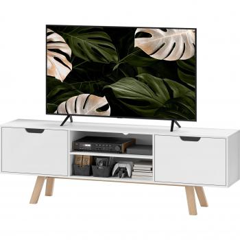 Mueble de TV Blanco con 2 Cajones y Estantes Abiertos para Televisores hasta 65 Zoll, Dimensiones 150 x 39 x 50 cm