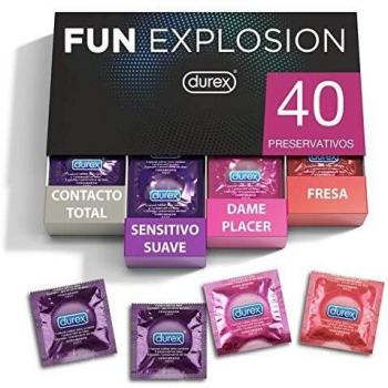 Durex Preservativos Fun Explosion Mixtos Sabor Fresa, Dame Placer, Sensitivo Suave y Contacto Total, 40 Condones, 52 y 56 mm