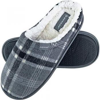 Dunlop Men's Grey Checked Plaid Warm Plush Fleece Lined Slip-On Mule House Slippers (Size 10 UK)