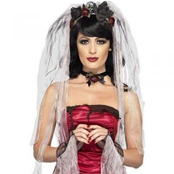 Smiffy's Smiffys-23343 Maria Kit de Novia gótica, con Velo de Rosas y Calaveras, Gargantilla y Guantes, Color Negro, Tamaño único 23343