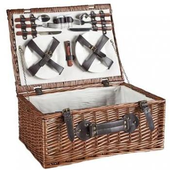 Cesto de picnic marrón de mimbre para 4 personas con bolsa térmica y diseño elegante