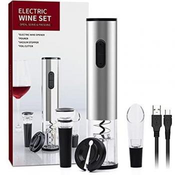 Sacacorchos Eléctrico Profesional, Juego de Abrebotellas Eléctrico 5 en 1, Abridor de Vino Eléctrico con Cortador de Cápsulas, Vertedor de Vino, Tapón de Vino al Vacío y Cable USB