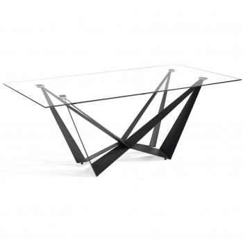 Mesa de comedor rectangular Bazika 200 cm con sobre de cristal templado y patas de metal negro mate