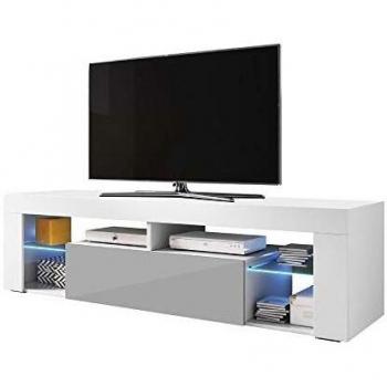 Mueble TV Bianko - 140 cm - Blanco Mate / Gris Brillo - Moderno con Iluminación LED y Estantes de Cristal