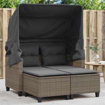 Sofá de jardín 2 asientos Polyrattan gris con toldo y taburetes