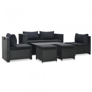 6-Piece Black Poly Rattan Garden Lounge Set with Cushions
