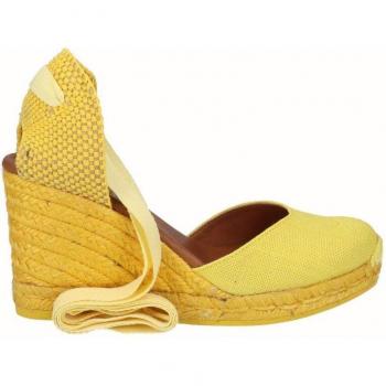 Alpargatas de cuña alta de lino amarillo mostaza con cintas