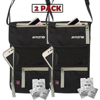 SMING Bolsa viajera Porta Pasaporte de cuello con Bloqueo RFID - Cartera compacta de cuello