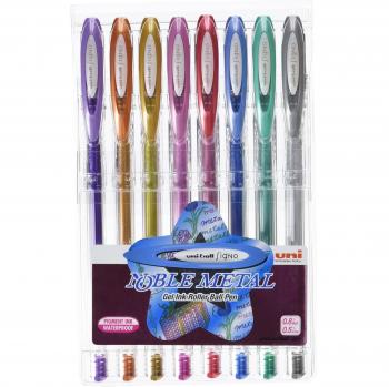 Uni Ball Signo Noble Metal UM-120 - Pack de 8 Bolígrafos Gel con Tinta Metalizada, Colores Surtidos, Punta de Acero Inoxidable 0.7mm