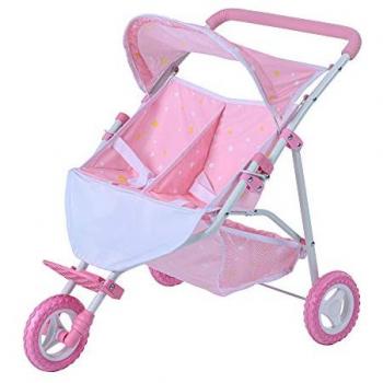 Teamson Kids - Olivia's Little World Double Twin Baby Doll Pram Stroller Pushchair Pink Stars OL-00012