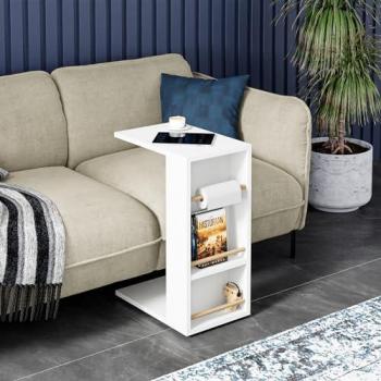 Mesa Auxiliar Siikainen con Ruedas y Barra Anticaída 65x44x29cm - Blanco, Diseño Versátil para Ordenador Portátil y Uso General