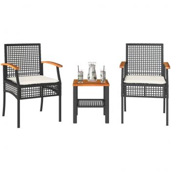 vidaXL 3 Piece Bistro Set with Cushions Black Poly Rattan Acacia Wood