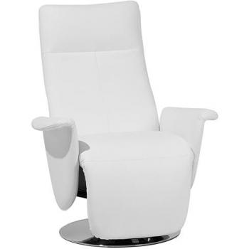 Sillón reclinable tapizado en piel sintética blanca con base de metal, reposapiés extraíble y respaldo alto, diseño minimalista moderno
