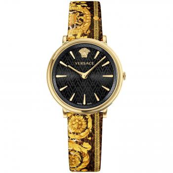 Reloj de pulsera Versace VBP130017 V-Circle con correa marrón, caja de oro amarillo y esfera negra para mujer