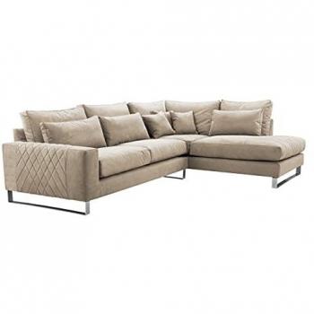 Sofá rinconero Kingsport 112, tapizado en marrón claro, dimensiones 314 x 224 x 90 cm, con patas de metal y cojines incluidos