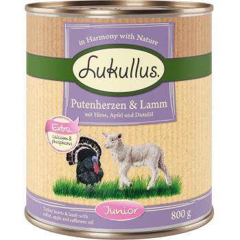Lukullus Junior 24 x 800 g Pack Ahorro - Comida Húmeda para Perros, Sabor Corazón de Pavo y Cordero