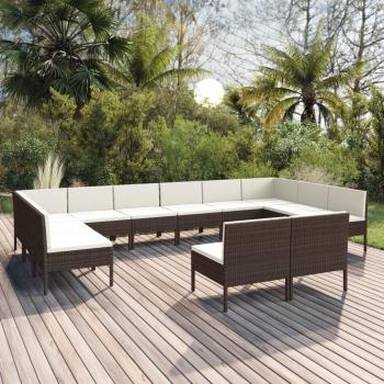 12-Piece Brown Poly Rattan Garden Lounge Set with Cushions