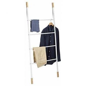 Escalera de Toallas de Metal, 4 Peldaños, Soporte Independiente para Ropa, Bambú, 150x70x2cm, Blanco - Relaxdays
