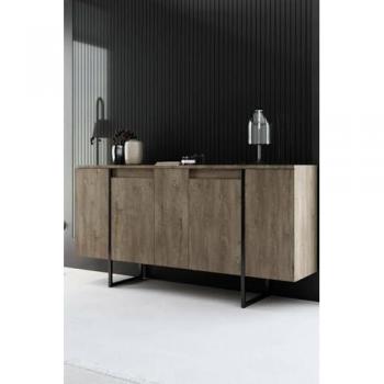Aparador Betel Dmora, Bufé de salón y despensa de cocina, 160x35x80 cm, Nogal y Negro, Panel melamínico 18 mm, Metal