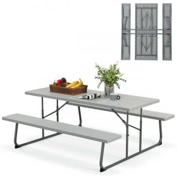Costway 72-Inch Grey Folding Picnic Table with Benches and Umbrella Hole