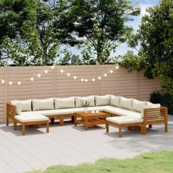 Conjunto de Muebles de Jardín 11 Piezas con Cojines Crema - Madera Maciza Acacia