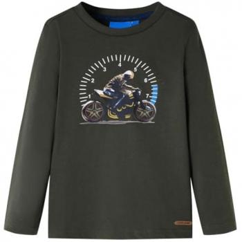 Camiseta Infantil de Manga Larga Estampada de Moto en Color Caqui Talla 140