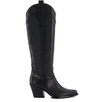 Dune London Women's Tennessee Black Leather Knee-High Western Boots with Cuban Heel - Size 3