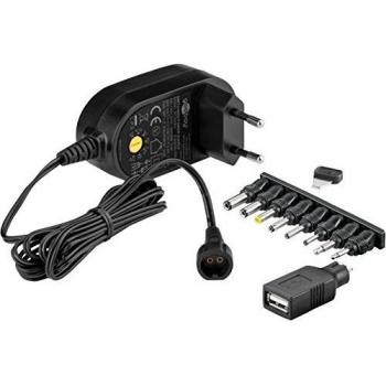 Goobay 59031 - Fuente de alimentación Universal 600 mAh y 8 enchufes adaptadores más USB, Negro