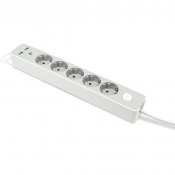 Regleta Design 5 Tomas Schuko con Enchufe Plano 1,4 m + 2 Puertos USB + Interruptor - Gris