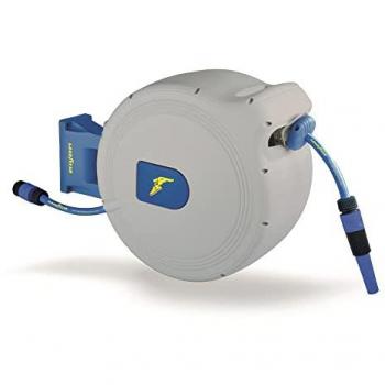Enrollador automático de manguera Goodyear 30 metros con soporte de pared rotación 180º, incluye manguera de 2 metros y conectores ½’’ y ¾’’