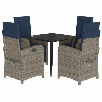 5-Piece Grey Poly Rattan Garden Dining Set with Cushions