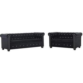vidaXL Set 2 Sofás 3 y 2 Plazas Chester Terciopelo Negro Sillones Chesterfield