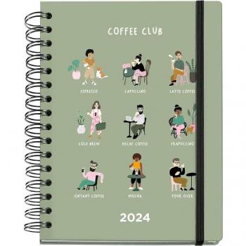 MiquelRius Agenda Anual 2024 Plus Semana Vista Wire-O Club Coffee 155x213 mm Multilingüe Verde Cotton Flower