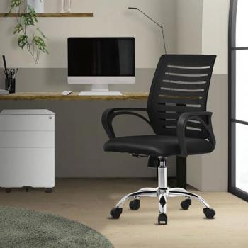 Silla de Oficina Ergonómica Negra con Asiento Regulable, Tapizado de Malla Respirable, Reclinable y Giratoria 360° con Ruedas y Resposabrazos